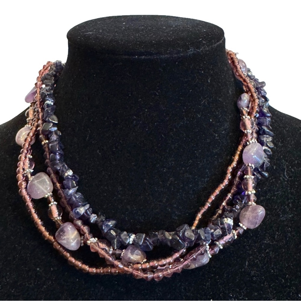 Vintage Purple Genuine Amethyst Gemstones Beads Multi-Strand Statement Necklace